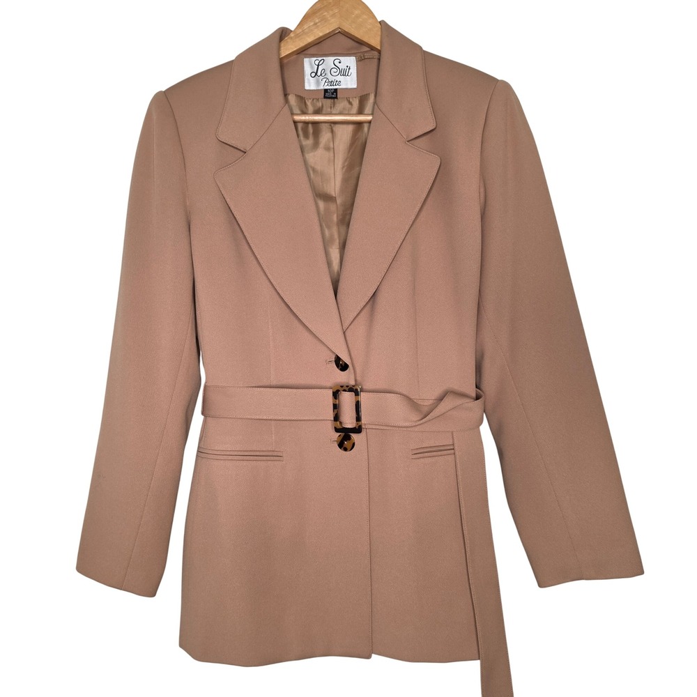 Le Suit Blazer Women 10P Tan Belted Tortoise Shell Button Professional Petite